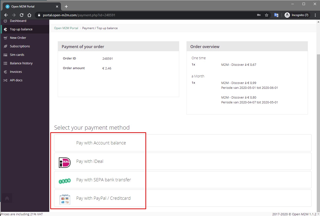 Select payment method in open m2m portal